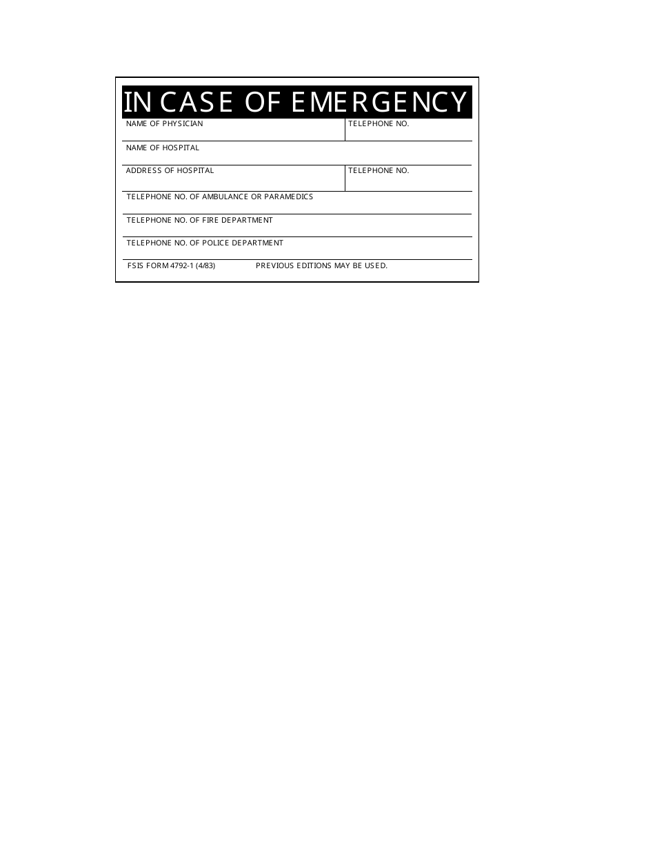 FSIS Form 4792-1 In Case of Emergency, Page 1