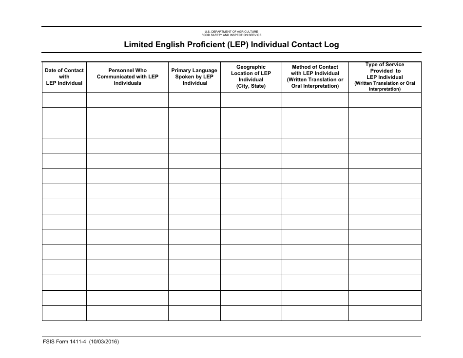 FSIS Form 1411-4 Limited English Proficient (Lep) Individual Contact Log, Page 1