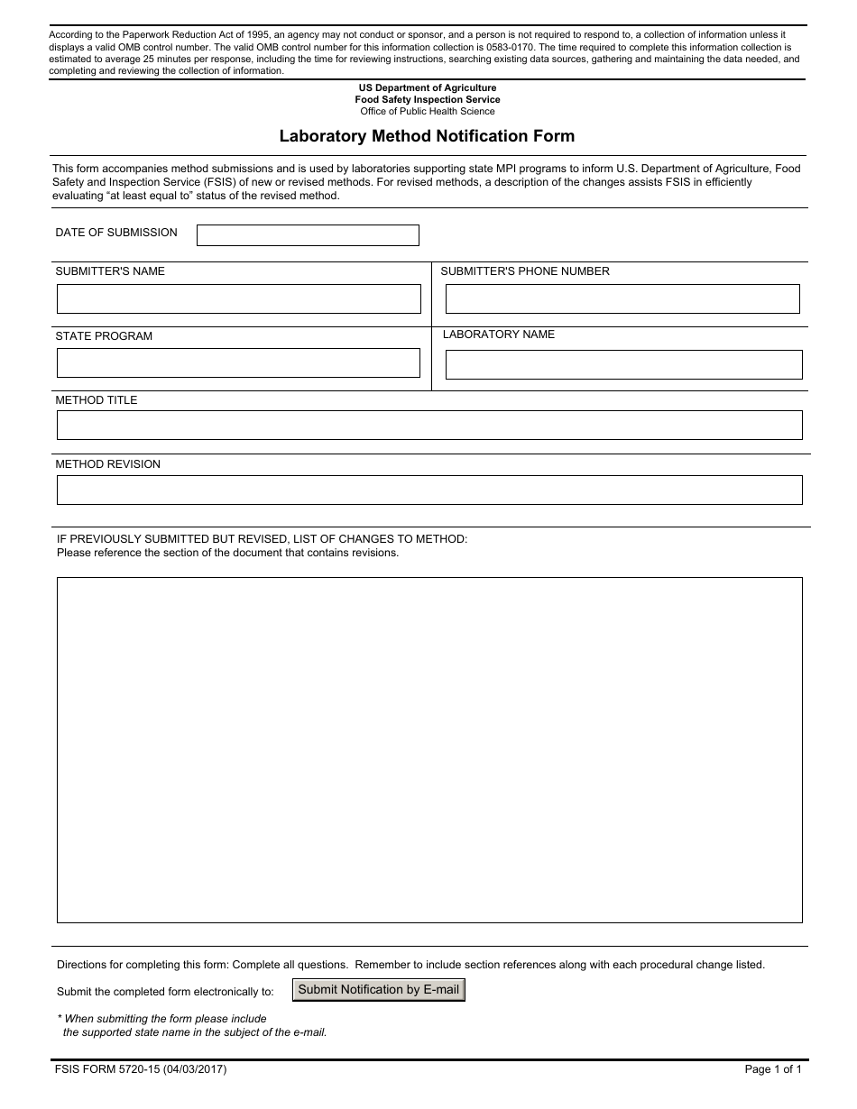FSIS Form 5720-15 Laboratory Method Notification Form, Page 1
