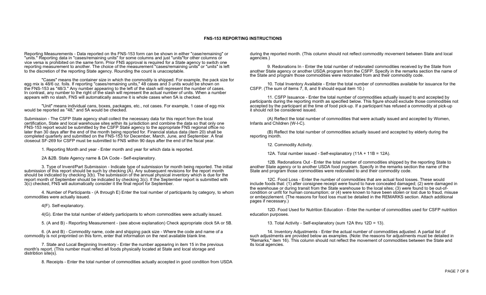 Form FNS-153 Monthly Report of the Commodity Supplemental Food Program and Quarterly Administrative Financial Status Report, Page 7