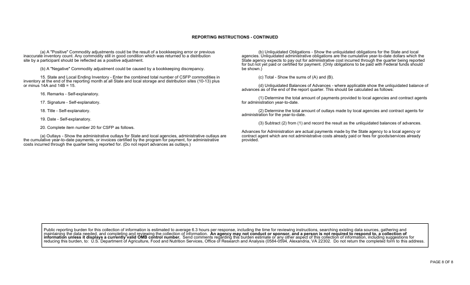 Form FNS-153 Monthly Report of the Commodity Supplemental Food Program and Quarterly Administrative Financial Status Report, Page 8