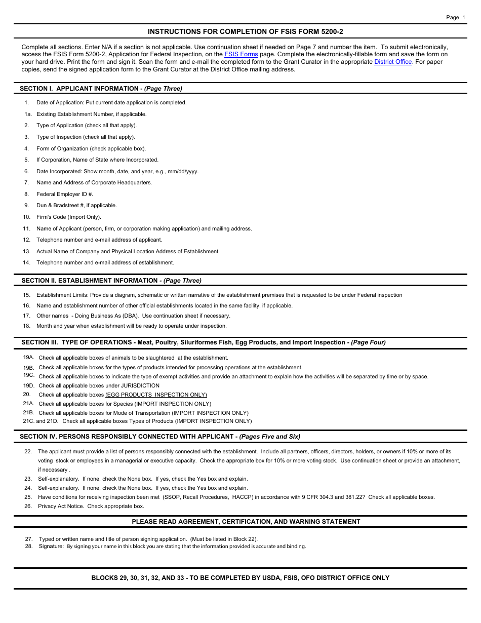 FSIS Form 5200-2 Application for Federal Inspection, Page 2