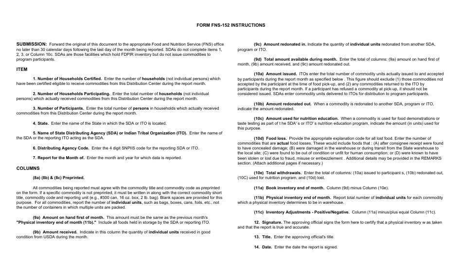 Form FNS-152 Monthly Distribution of Donated Foods to Family Units, Page 8