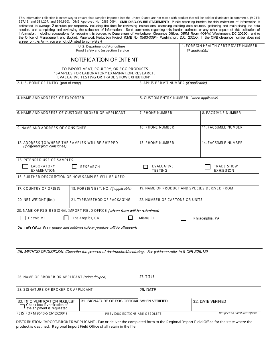 FSIS Form 9540-5 Notification of Intent, Page 1