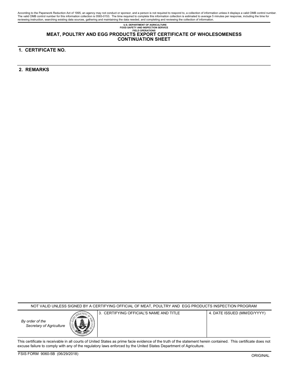 FSIS Form 9060-5b Meat, Poultry and Egg Products Export Certificate of Wholesomeness - Continuation Sheet, Page 1