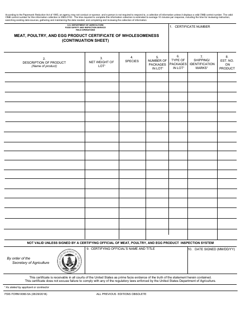 FSIS Form 9060-5a Meat, Poultry, and Egg Product Certificate of Wholesomeness (Continuation Sheet)