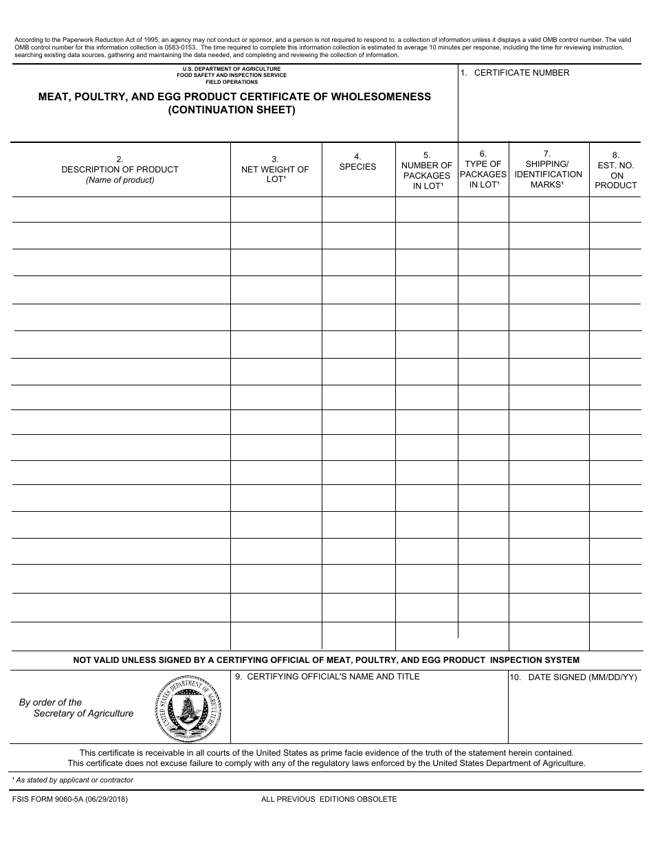 FSIS Form 9060-5a Meat, Poultry, and Egg Product Certificate of Wholesomeness (Continuation Sheet), Page 1