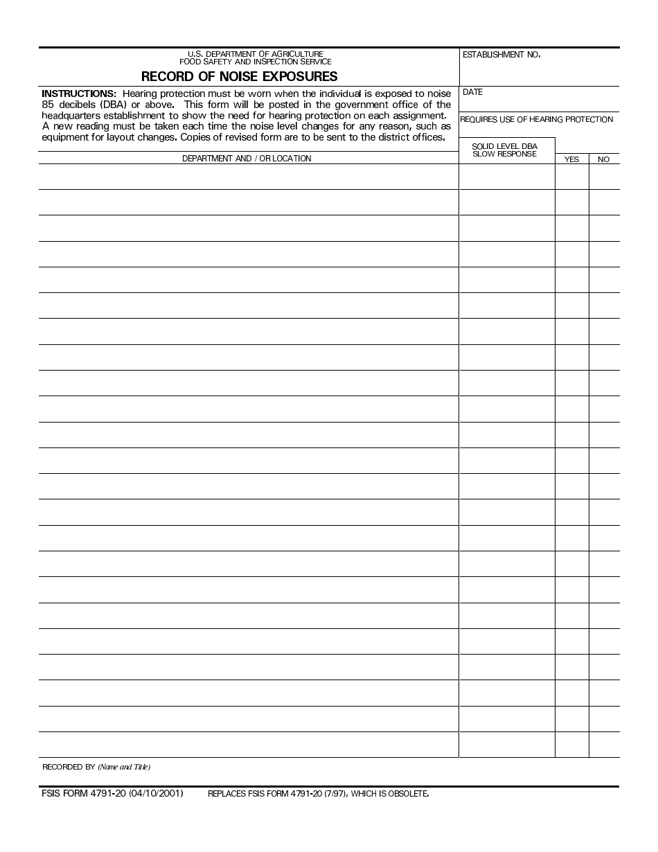 FSIS Form 4791-20 Record of Noise Exposures, Page 1