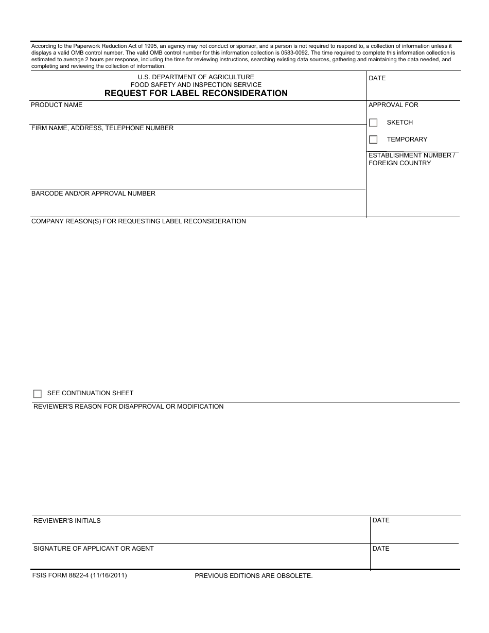 FSIS Form 8822-4 Request for Label Reconsideration, Page 1