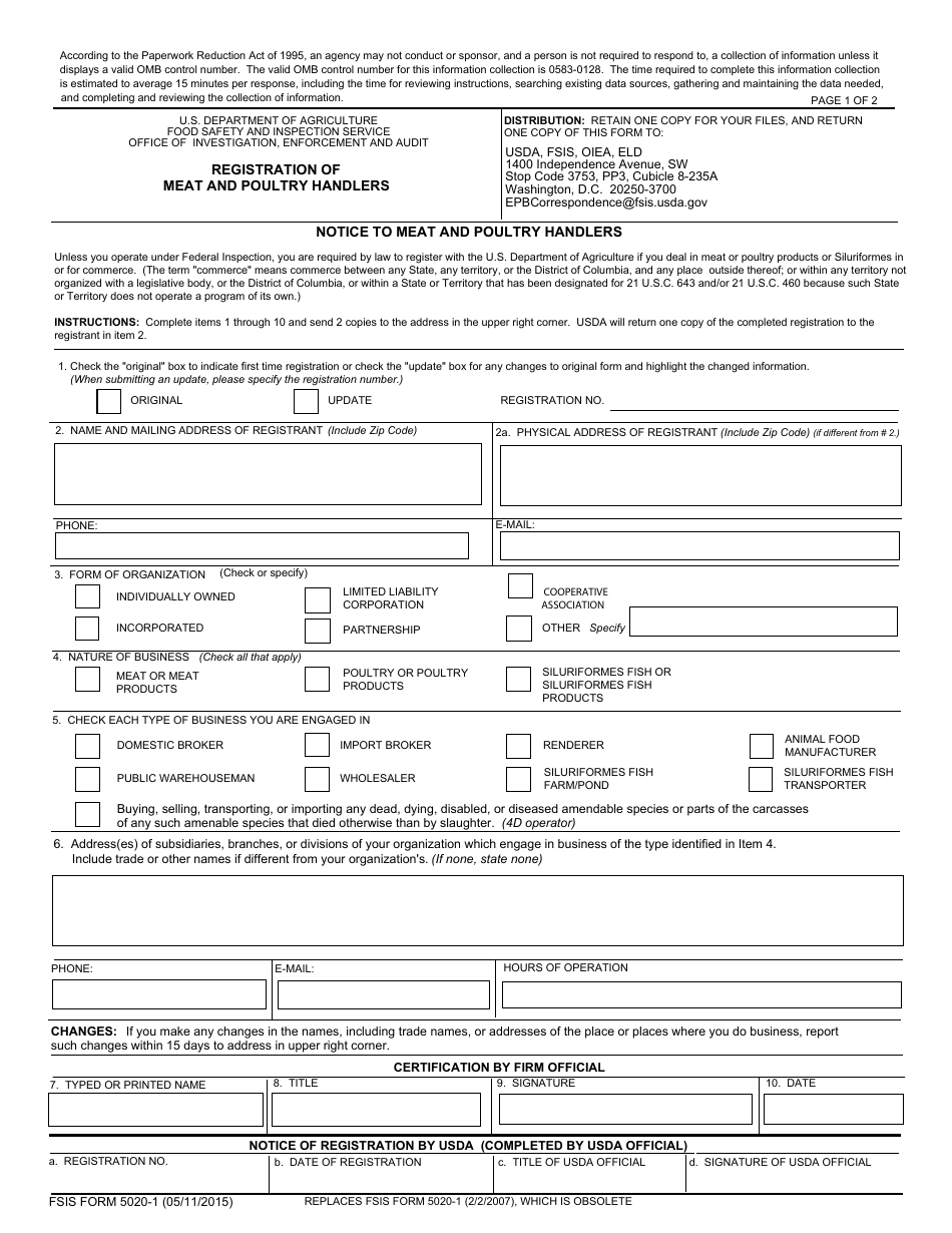 FSIS Form 5020-1 Registration of Meat and Poultry Handlers, Page 1