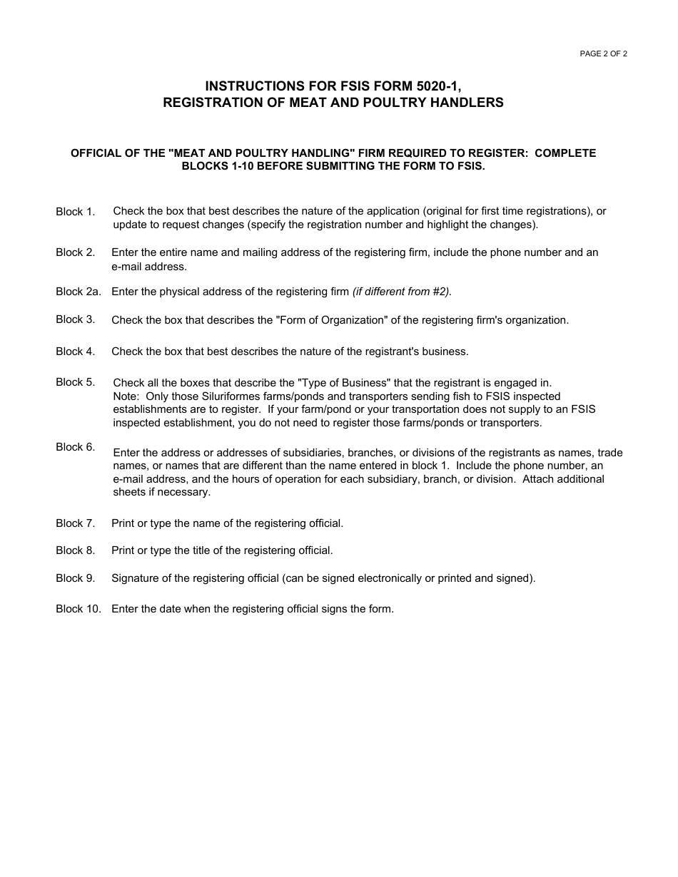 FSIS Form 5020-1 Registration of Meat and Poultry Handlers, Page 2