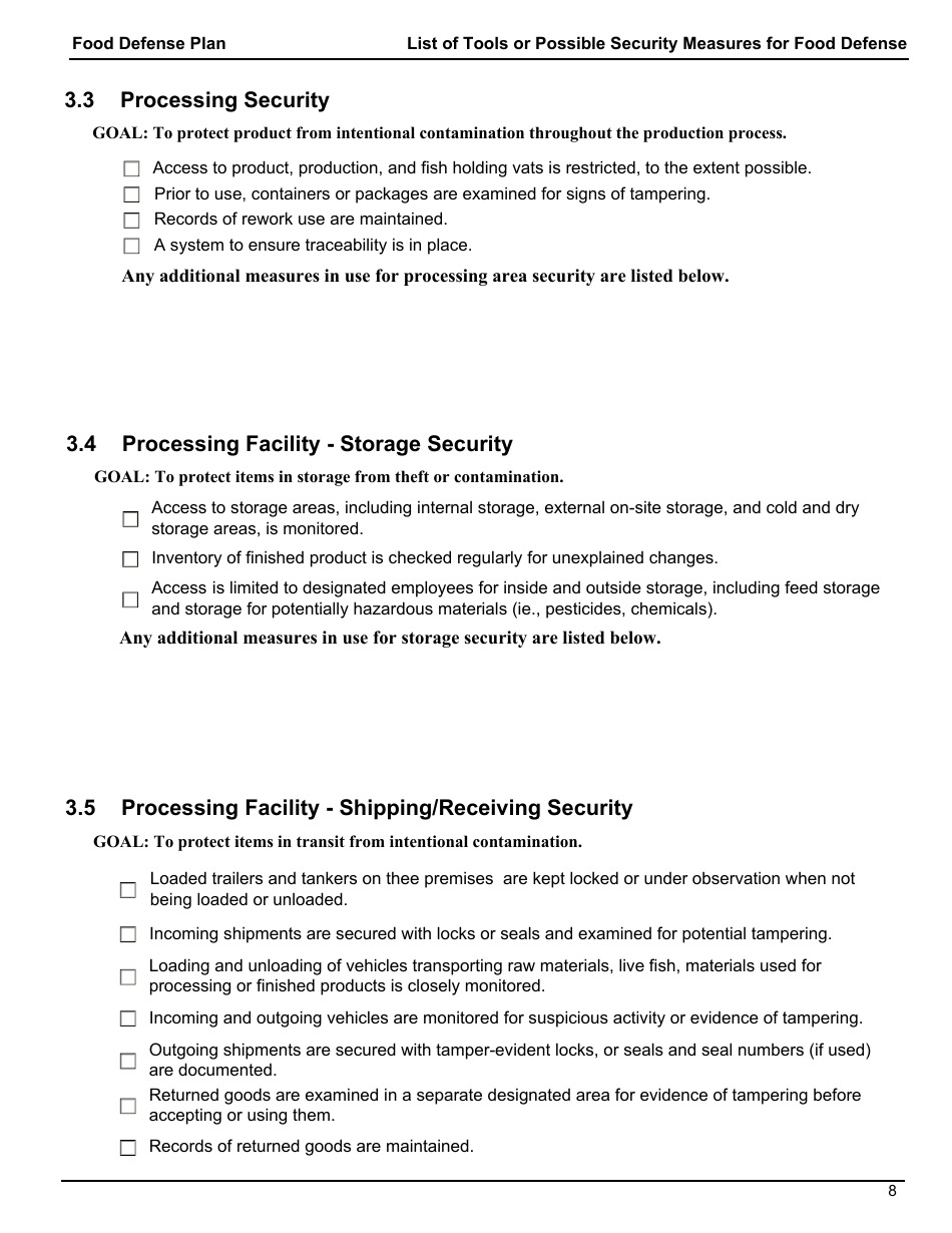 FSIS Form 5420 Food Defense Plan: Security Measures for Food Defense for Siluriformes Fish Farmers and Processors, Page 10