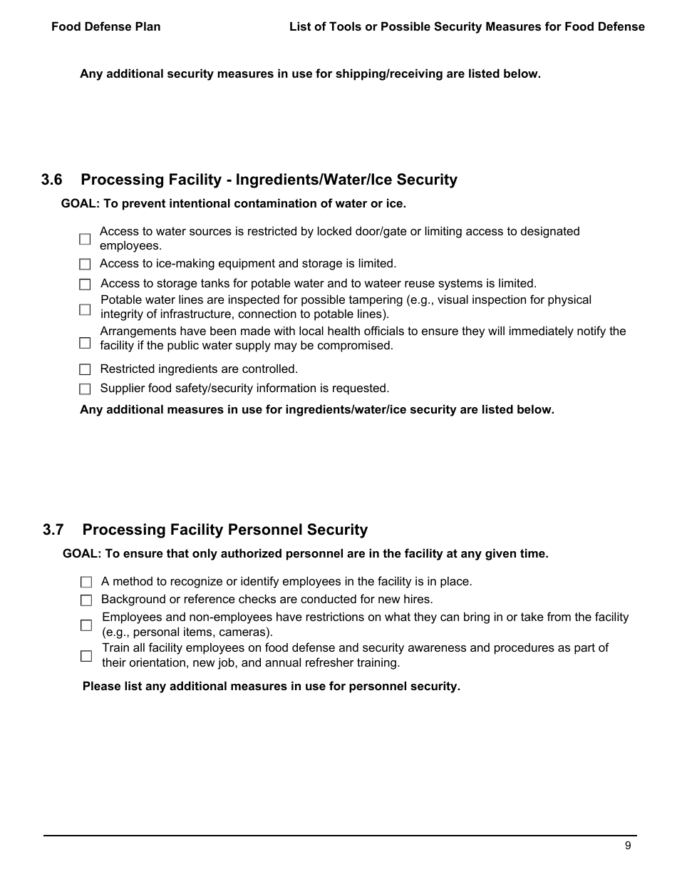 FSIS Form 5420 Food Defense Plan: Security Measures for Food Defense for Siluriformes Fish Farmers and Processors, Page 11