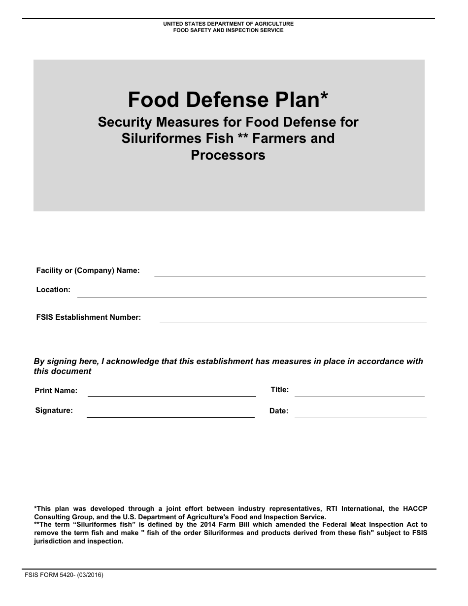 FSIS Form 5420 Food Defense Plan: Security Measures for Food Defense for Siluriformes Fish Farmers and Processors, Page 1