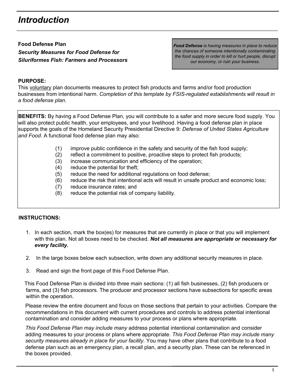 FSIS Form 5420 Food Defense Plan: Security Measures for Food Defense for Siluriformes Fish Farmers and Processors, Page 3