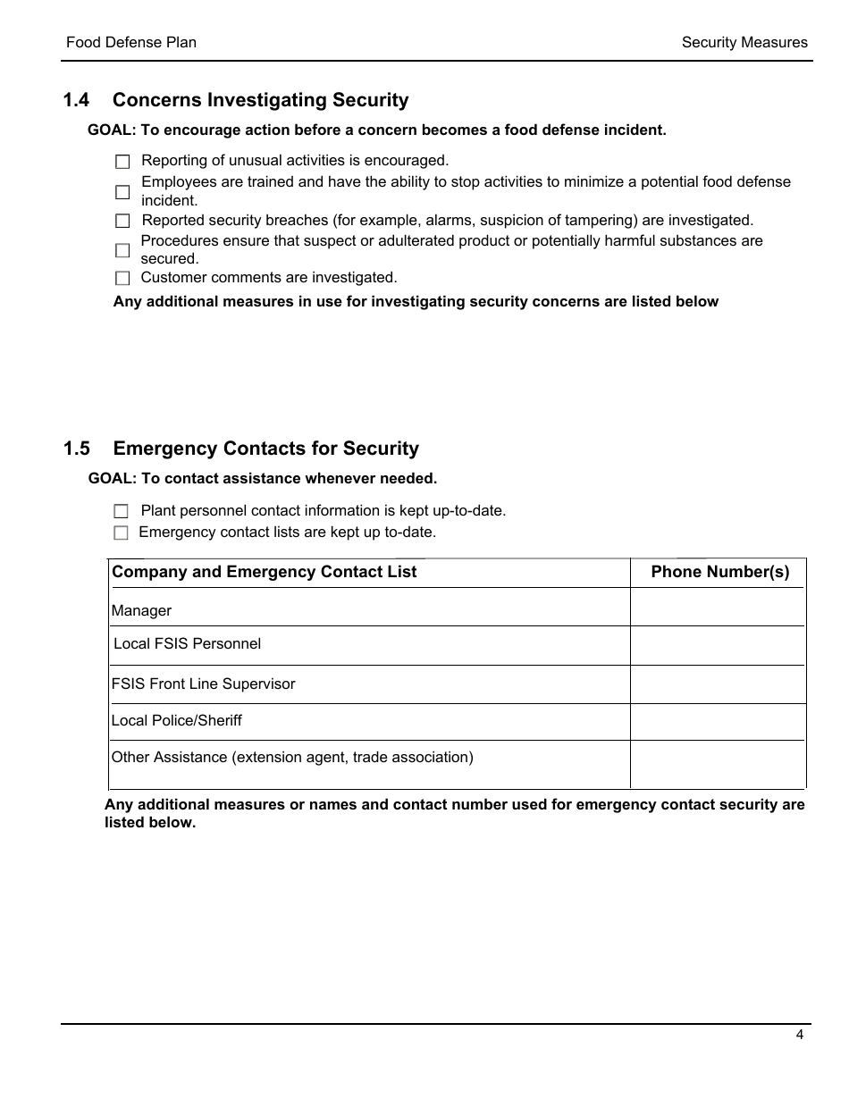 FSIS Form 5420 Food Defense Plan: Security Measures for Food Defense for Siluriformes Fish Farmers and Processors, Page 6
