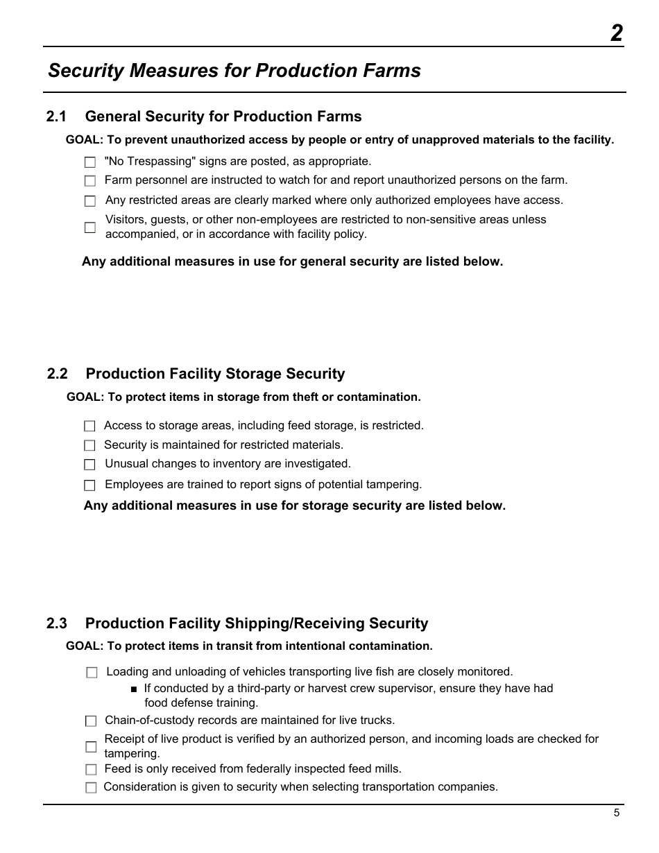 FSIS Form 5420 Food Defense Plan: Security Measures for Food Defense for Siluriformes Fish Farmers and Processors, Page 7
