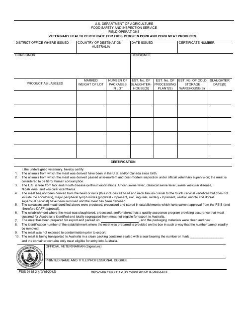 FSIS Form 9115-2 Veterinary Health Certificate for Fresh/Frozen Pork and Pork Meat Products