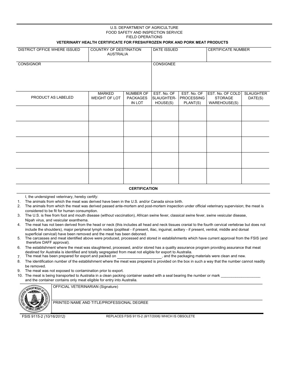 FSIS Form 9115-2 Veterinary Health Certificate for Fresh / Frozen Pork and Pork Meat Products, Page 1