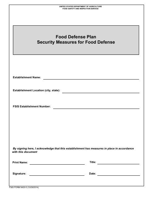 FSIS Form 5420-5 Food Defense Plan - Security Measures for Food Defense