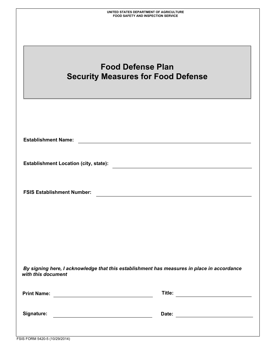 FSIS Form 5420-5 Food Defense Plan - Security Measures for Food Defense, Page 1