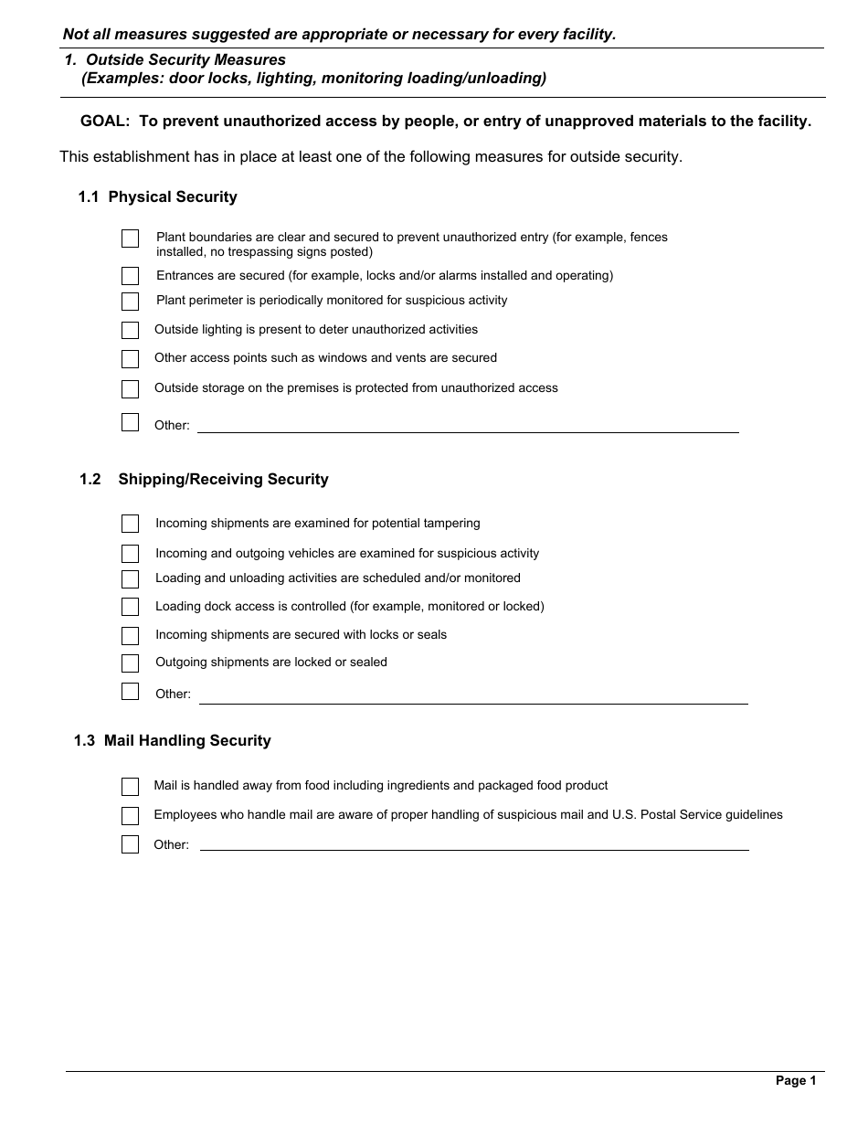 FSIS Form 5420-5 Food Defense Plan - Security Measures for Food Defense, Page 3