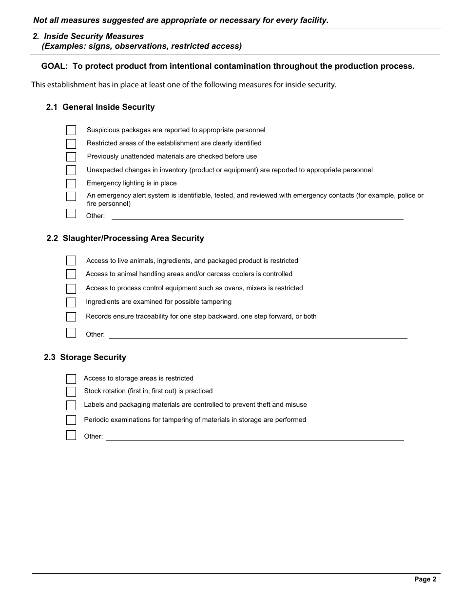FSIS Form 5420-5 Food Defense Plan - Security Measures for Food Defense, Page 4
