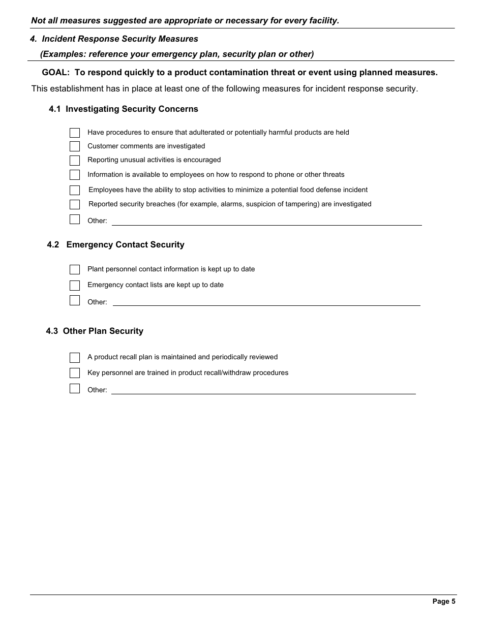 FSIS Form 5420-5 Food Defense Plan - Security Measures for Food Defense, Page 7