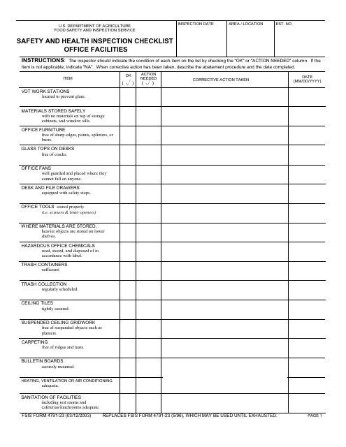 FSIS Form 4791-23 Safety and Health Inspection Checklist - Office Facilities