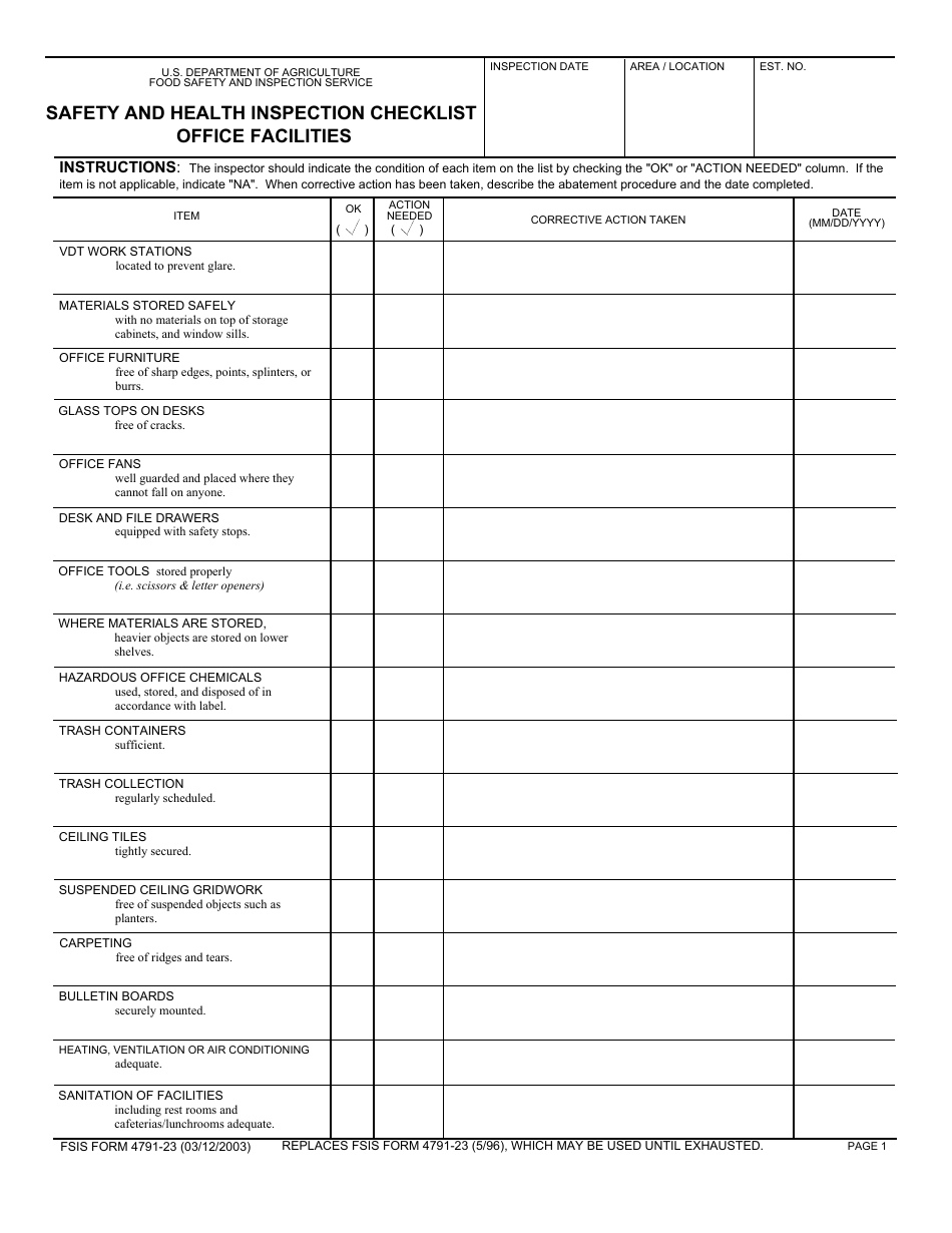 FSIS Form 4791-23 Safety and Health Inspection Checklist - Office Facilities, Page 1