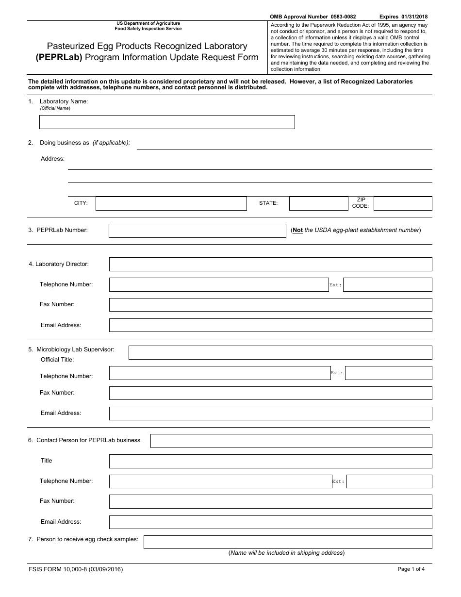FSIS Form 10,000-8 Pasteurized Egg Products Recognized Laboratory (Peprlab) Program Information Update Request Form, Page 1