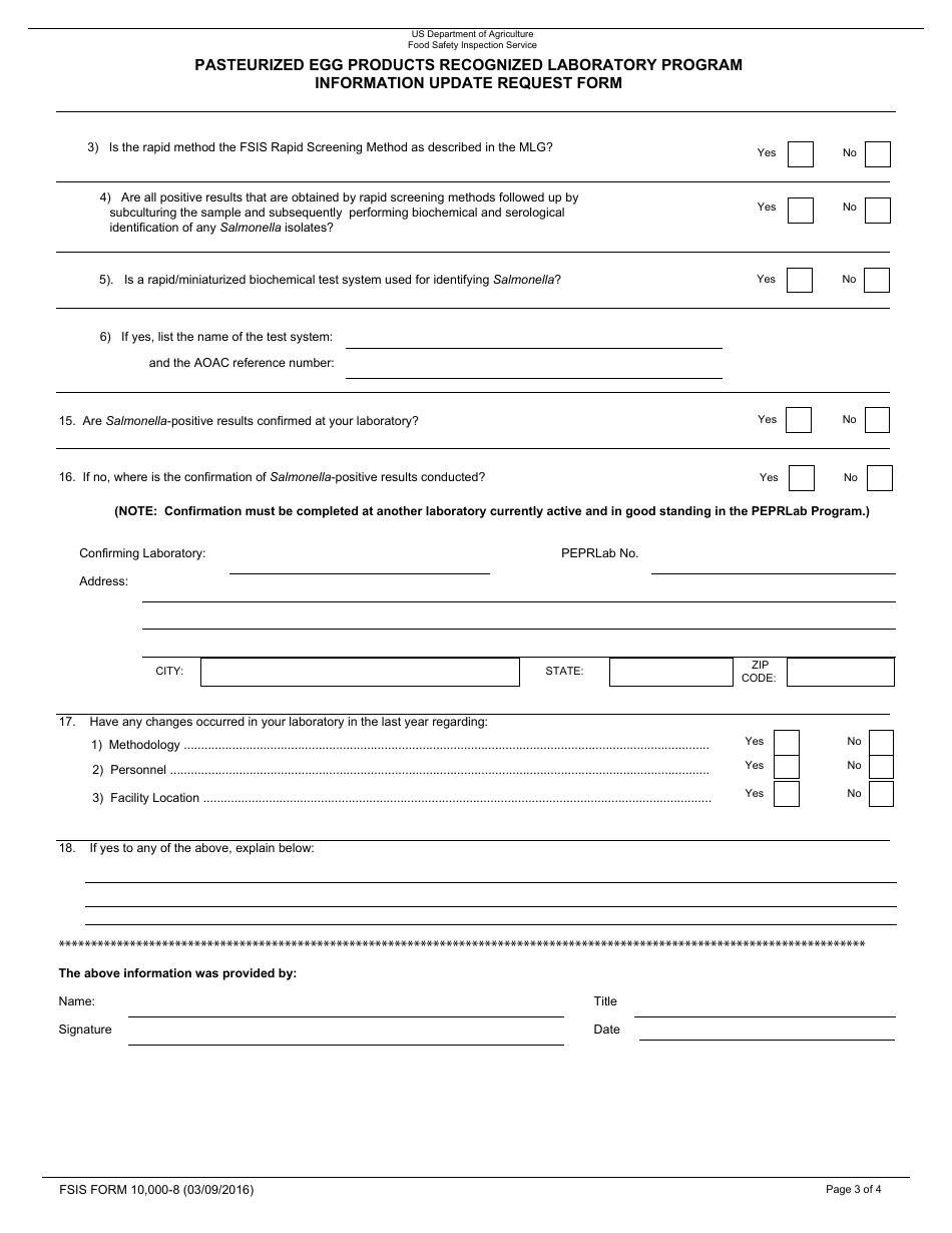 FSIS Form 10,000-8 Pasteurized Egg Products Recognized Laboratory (Peprlab) Program Information Update Request Form, Page 3