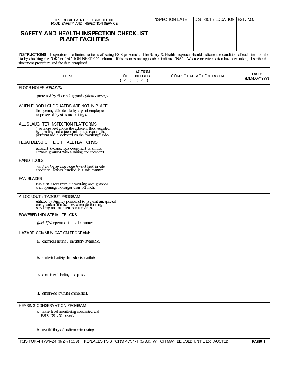 FSIS Form 4791-24 Safety and Health Inspection Checklist - Plant Facilities, Page 1