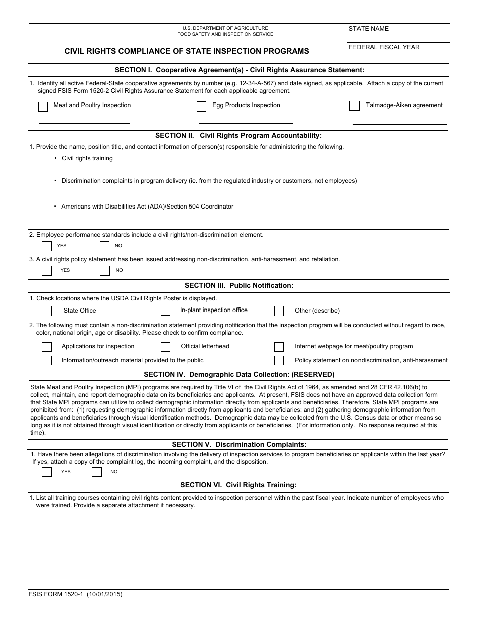 FSIS Form 1520-1 Civil Rights Compliance of State Inspection Programs, Page 1