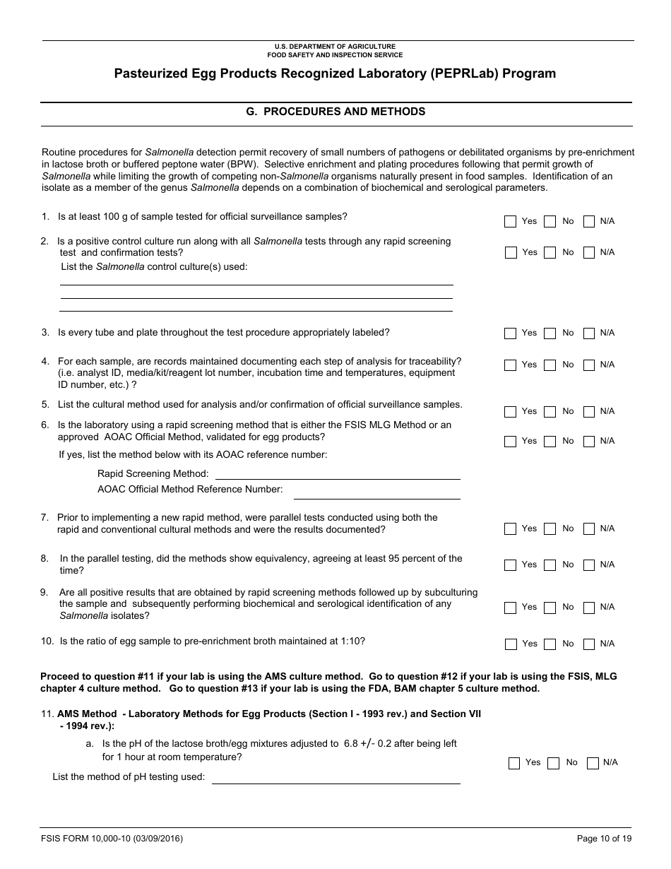 FSIS Form 10,000-10 Pasteurized Egg Product Recognized Laboratory (Peprlab) Program, Salmonella Laboratory Quality Assurance Program Checklist, Page 10