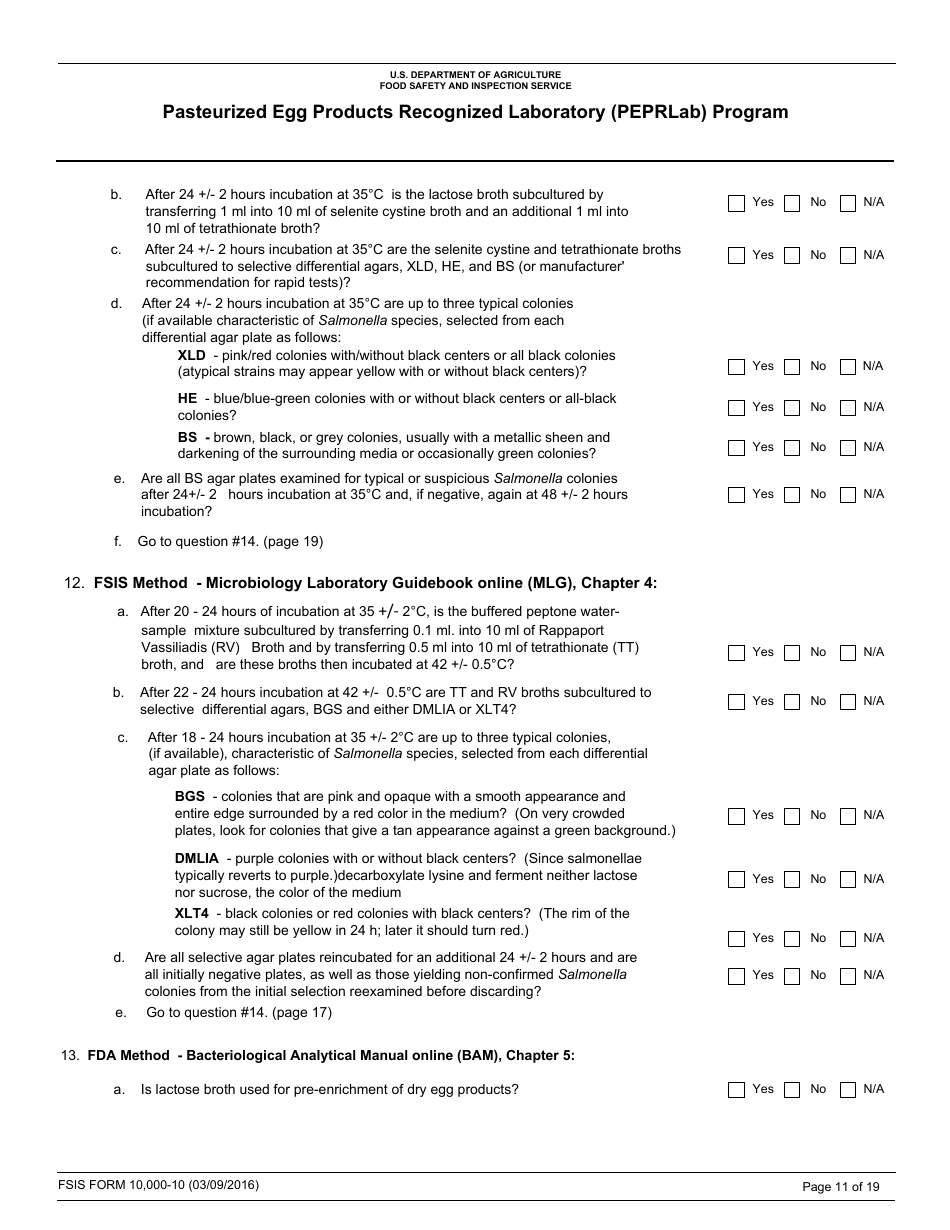 FSIS Form 10,000-10 Pasteurized Egg Product Recognized Laboratory (Peprlab) Program, Salmonella Laboratory Quality Assurance Program Checklist, Page 11