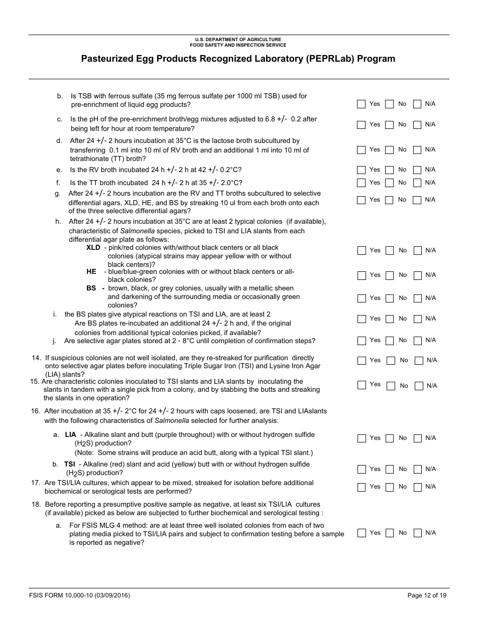 FSIS Form 10,000-10 Pasteurized Egg Product Recognized Laboratory (Peprlab) Program, Salmonella Laboratory Quality Assurance Program Checklist, Page 12