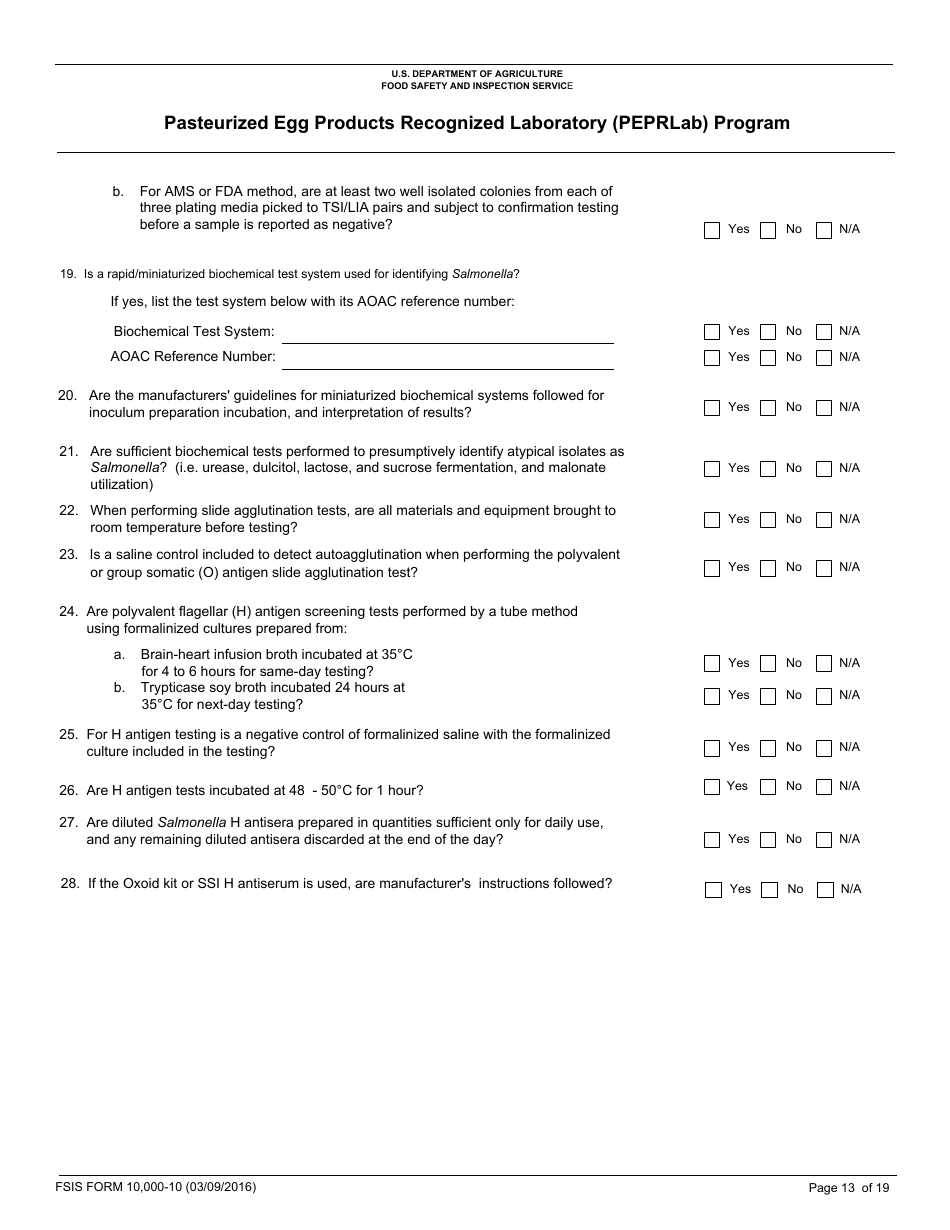 FSIS Form 10,000-10 Pasteurized Egg Product Recognized Laboratory (Peprlab) Program, Salmonella Laboratory Quality Assurance Program Checklist, Page 13