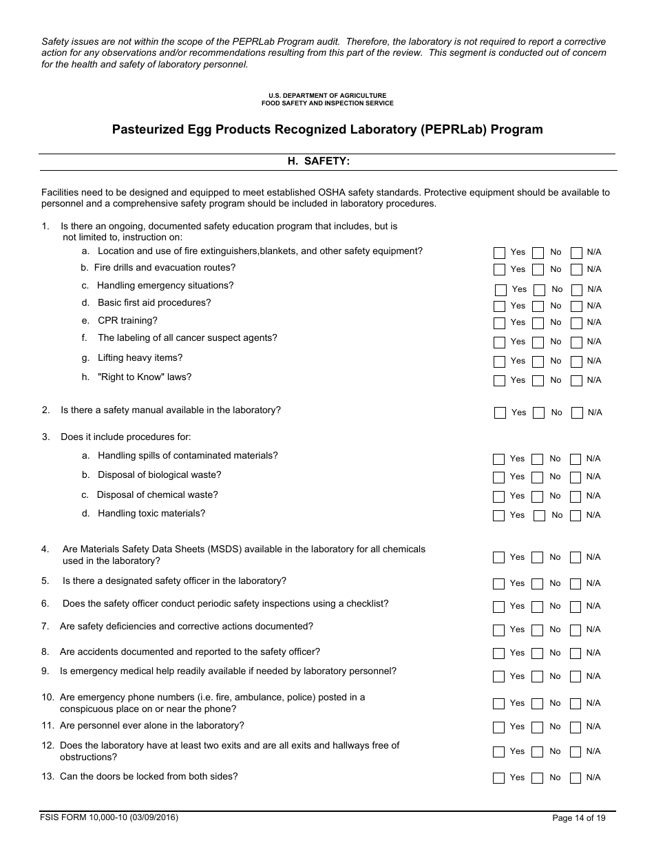FSIS Form 10,000-10 Pasteurized Egg Product Recognized Laboratory (Peprlab) Program, Salmonella Laboratory Quality Assurance Program Checklist, Page 14