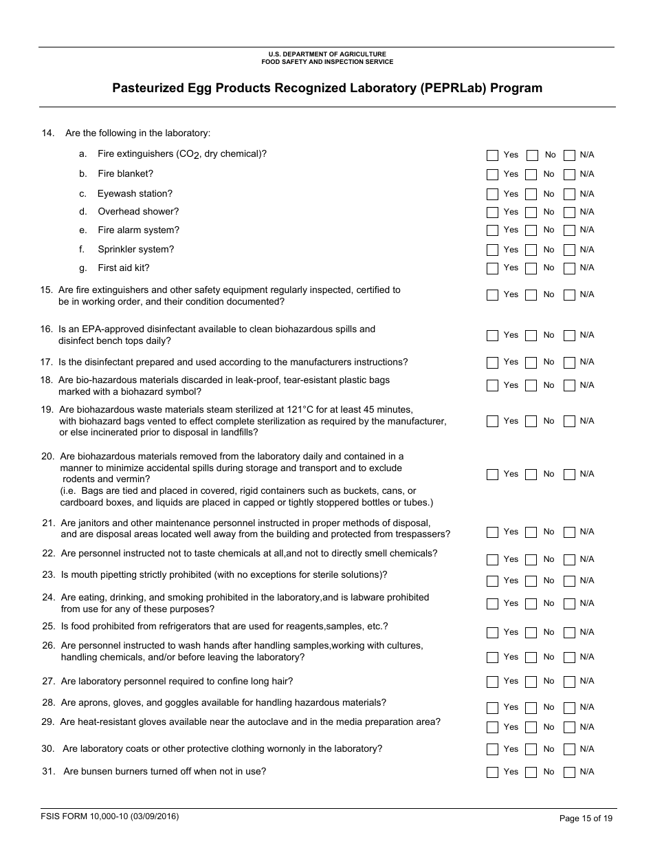 FSIS Form 10,000-10 Pasteurized Egg Product Recognized Laboratory (Peprlab) Program, Salmonella Laboratory Quality Assurance Program Checklist, Page 15