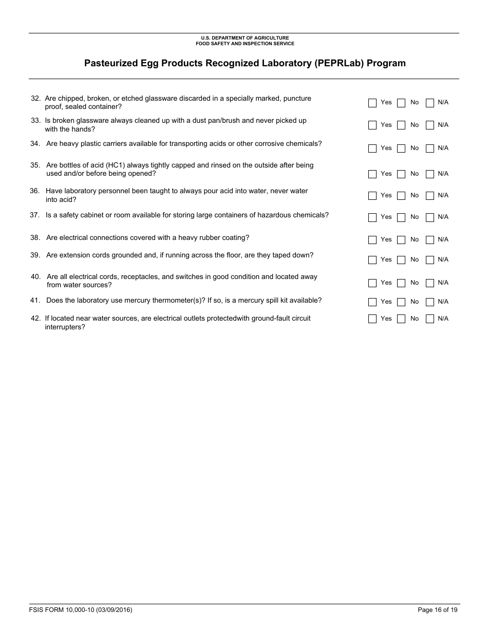 FSIS Form 10,000-10 Pasteurized Egg Product Recognized Laboratory (Peprlab) Program, Salmonella Laboratory Quality Assurance Program Checklist, Page 16