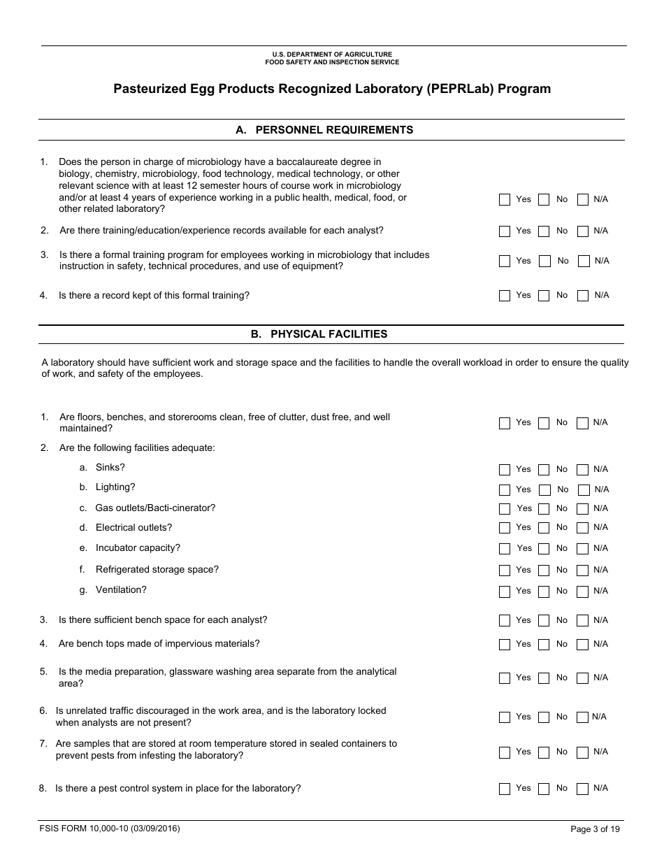 FSIS Form 10,000-10 Pasteurized Egg Product Recognized Laboratory (Peprlab) Program, Salmonella Laboratory Quality Assurance Program Checklist, Page 3