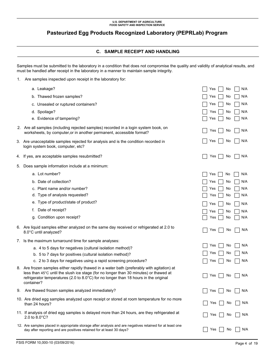 FSIS Form 10,000-10 Pasteurized Egg Product Recognized Laboratory (Peprlab) Program, Salmonella Laboratory Quality Assurance Program Checklist, Page 4