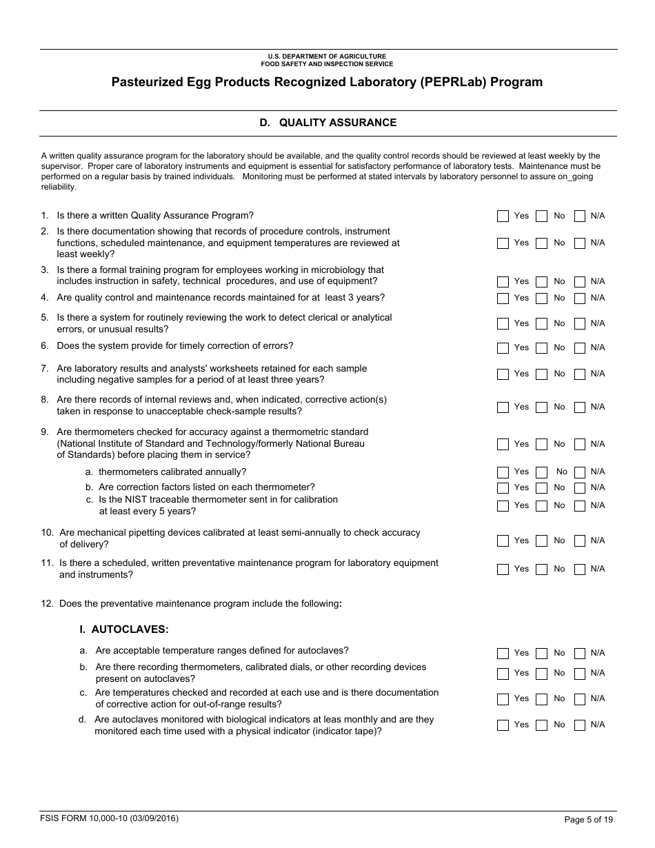 FSIS Form 10,000-10 Pasteurized Egg Product Recognized Laboratory (Peprlab) Program, Salmonella Laboratory Quality Assurance Program Checklist, Page 5