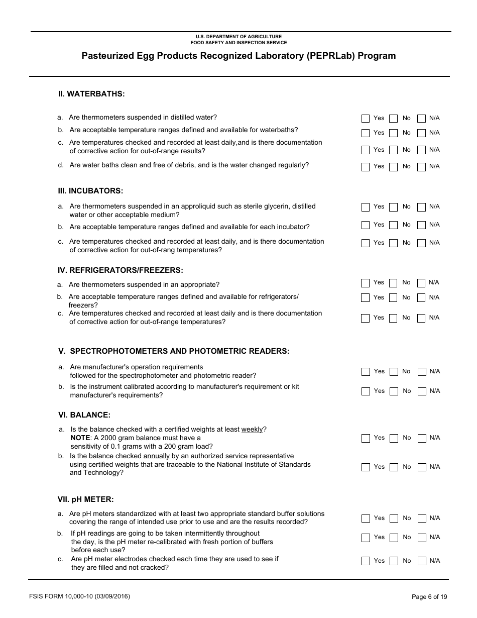 FSIS Form 10,000-10 Pasteurized Egg Product Recognized Laboratory (Peprlab) Program, Salmonella Laboratory Quality Assurance Program Checklist, Page 6