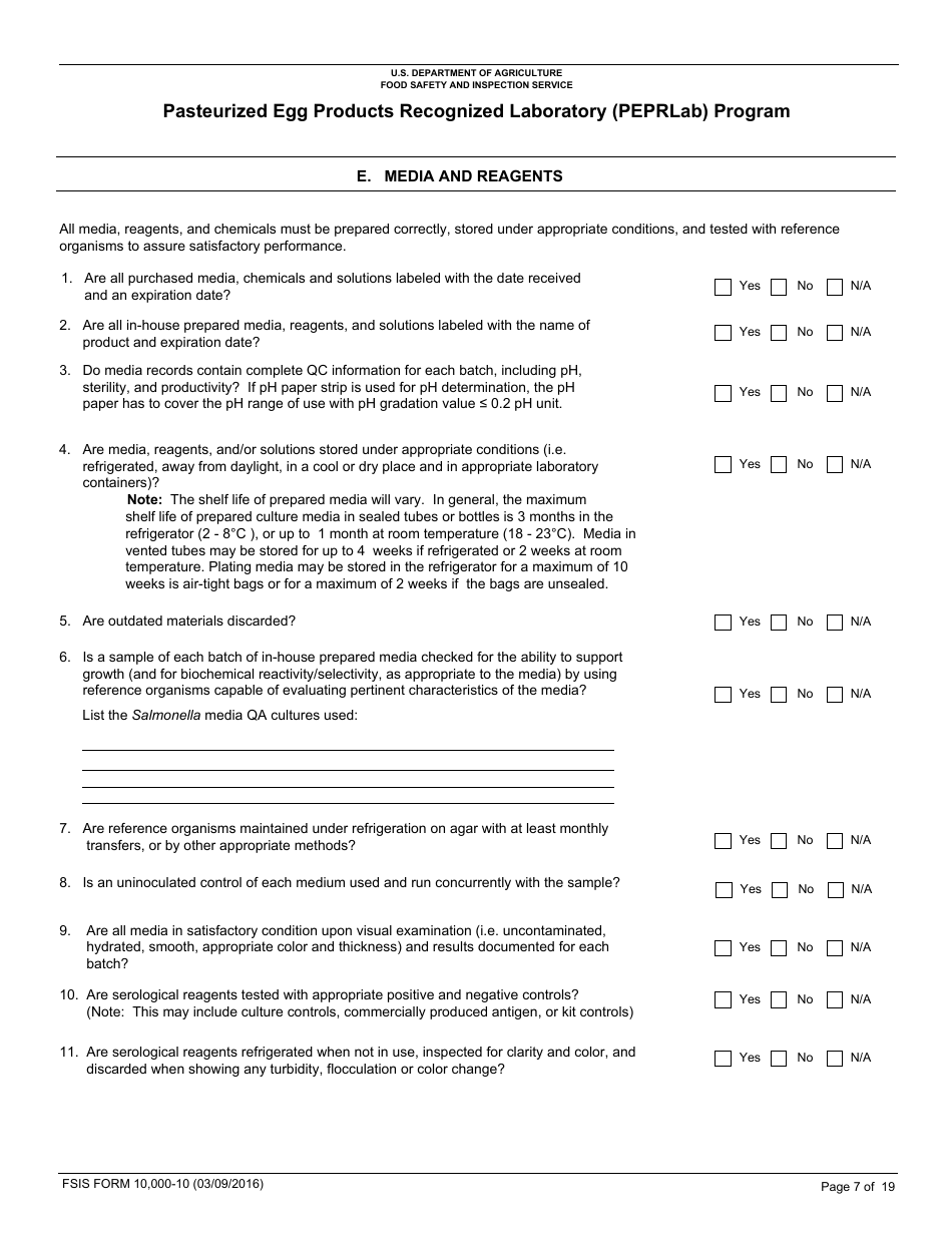 FSIS Form 10,000-10 Pasteurized Egg Product Recognized Laboratory (Peprlab) Program, Salmonella Laboratory Quality Assurance Program Checklist, Page 7