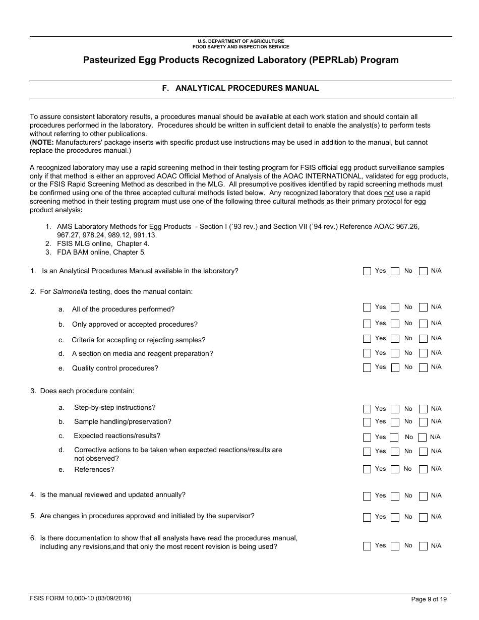 FSIS Form 10,000-10 Pasteurized Egg Product Recognized Laboratory (Peprlab) Program, Salmonella Laboratory Quality Assurance Program Checklist, Page 9
