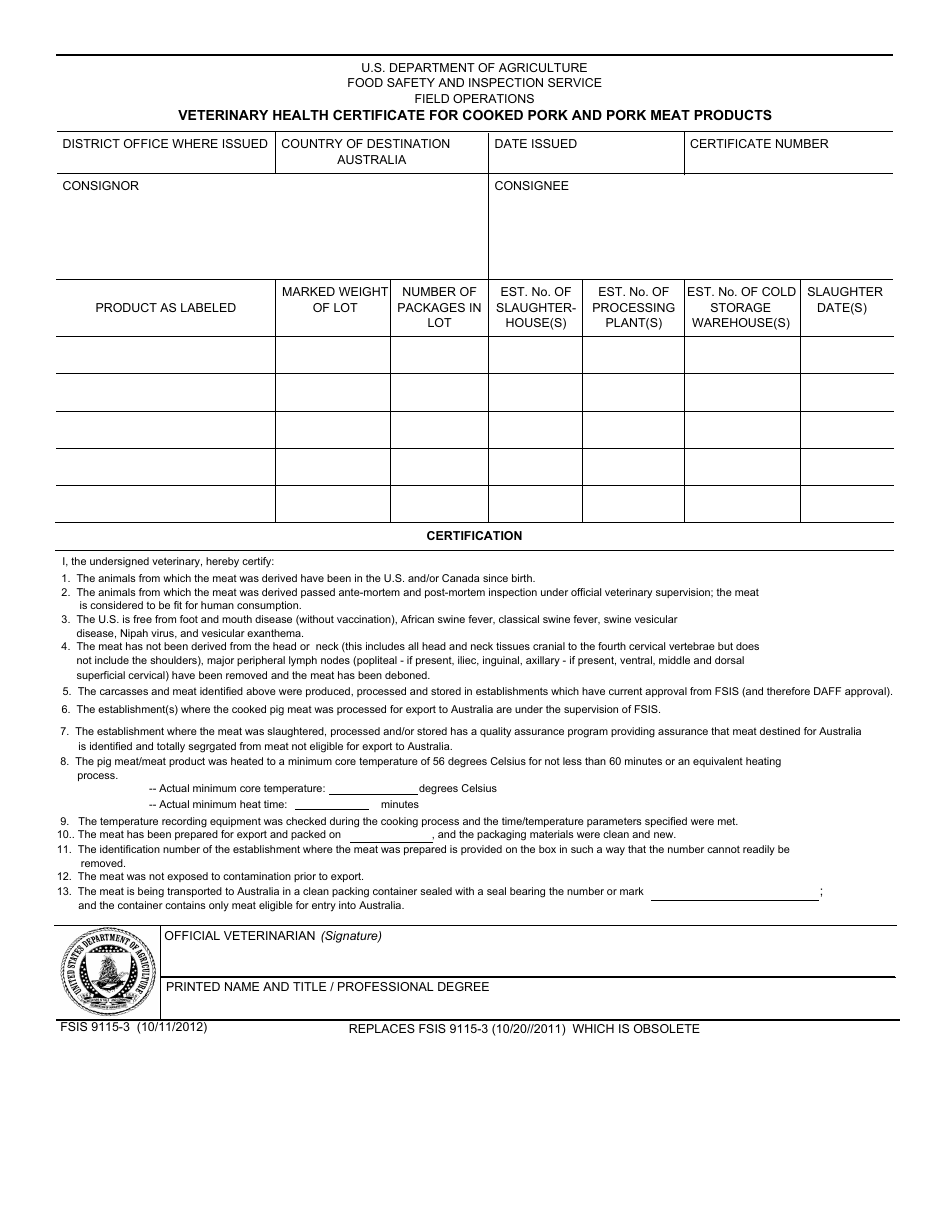 FSIS Form 9115-3 Veterinary Health Certificate for Cooked Pork and Pork Meat Products, Page 1