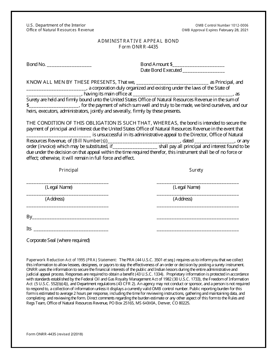 Form ONRR-4435 Administrative Appeal Bond, Page 1