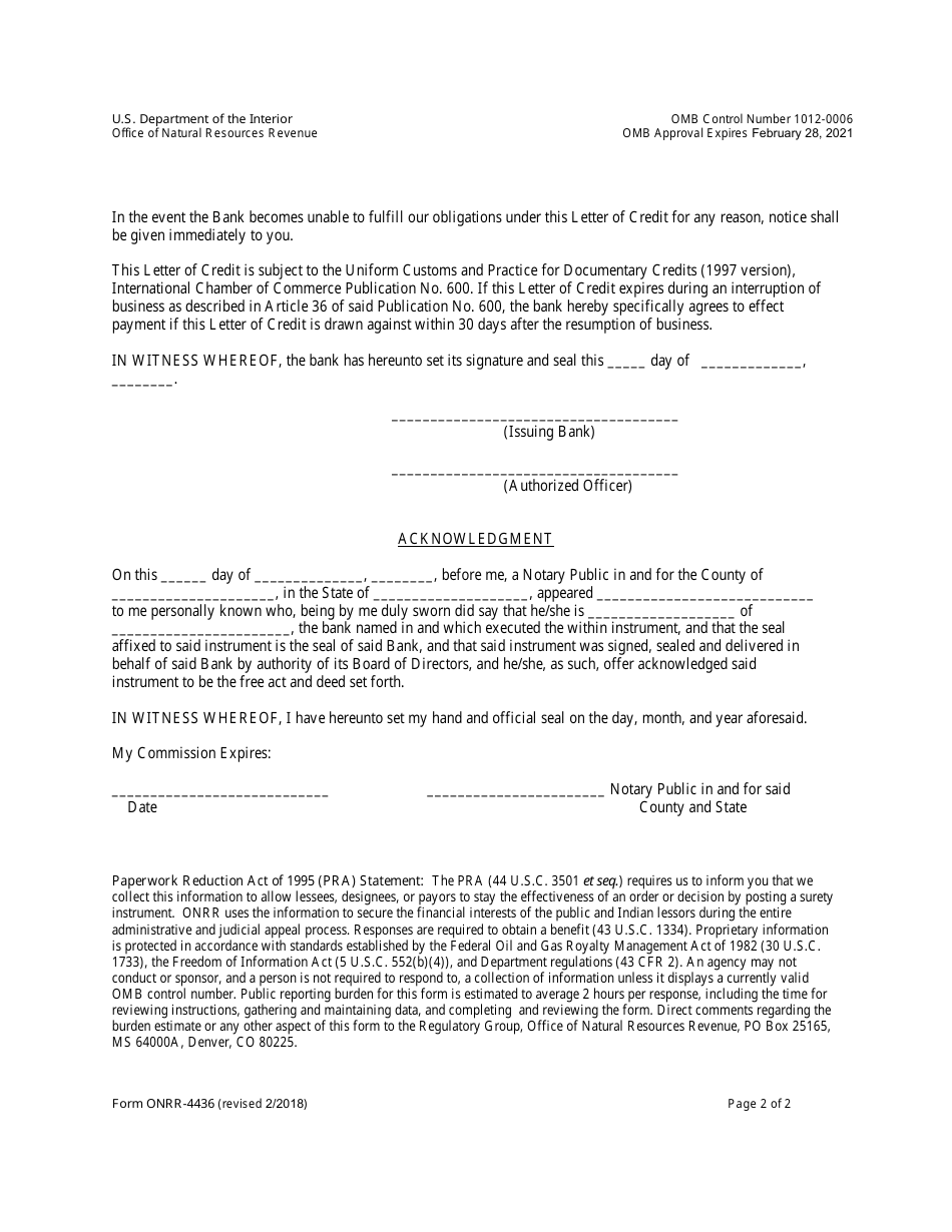Form ONRR-4436 Letter of Credit, Page 2